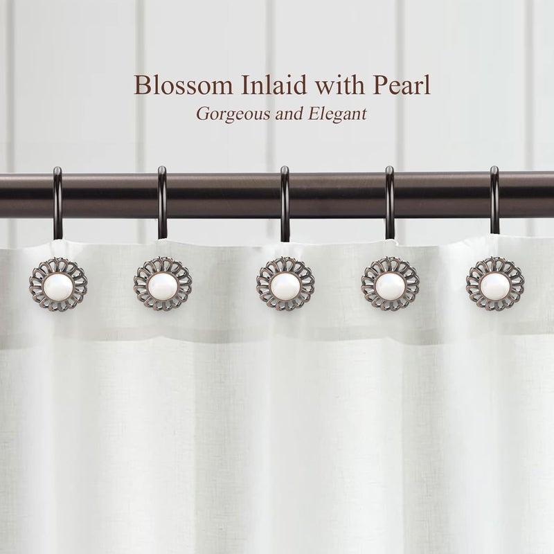 iToplin Oil Rubbed Bronze Shower Curtain Hooks, Decorative Sunflower Shower Curtain Rings for Bathroom Shower Curtain Rods and Liner,Metal Shower Hooks, Floral Pearl Shower Rings for Curtain Set of 12 - Image 2